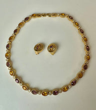 Load image into Gallery viewer, D'Orlan Gold Plated Amethyst Citrine Colored Swarovski Crystal Link 16.5" Necklace &amp; 0.75" Clip Earrings Set
