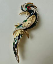 Load image into Gallery viewer, D'Orlan Goldtone Enamel Rhinestone Fantasy Bird Brooch Pin (3.5")
