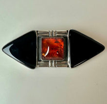 Load image into Gallery viewer, Sterling Baltic Amber Onyx Geometric Bar Brooch Pin (3")
