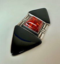 Load image into Gallery viewer, Sterling Baltic Amber Onyx Geometric Bar Brooch Pin (3")
