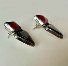Load image into Gallery viewer, Sterling Baltic Amber Onyx Geometric Earrings (1.25")
