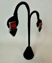 Load image into Gallery viewer, Sterling Baltic Amber Onyx Geometric Earrings (1.25")

