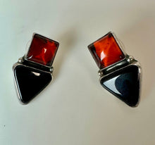 Load image into Gallery viewer, Sterling Baltic Amber Onyx Geometric Earrings (1.25")
