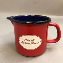 Load image into Gallery viewer, Vintage Large Red Enamel Jug Pouring Lip with German Saying (4")
