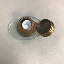 Load image into Gallery viewer, Vintage Brass Inkwell w/Milk Glass Insert on Glass (3")
