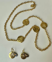 Load image into Gallery viewer, Vintage Liz Claiborne Goldtone Roman Coin Station Necklace &amp; Earrings Set (36")
