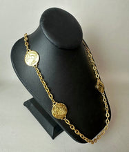 Load image into Gallery viewer, Vintage Liz Claiborne Goldtone Roman Coin Station Necklace &amp; Earrings Set (36")
