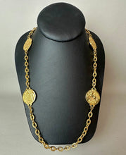 Load image into Gallery viewer, Vintage Liz Claiborne Goldtone Roman Coin Station Necklace &amp; Earrings Set (36")
