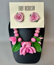 Load image into Gallery viewer, Vintage Libby Nicholson Handmade Clay Pink Roses 20" Necklace &amp; 1.25" Earrings Set
