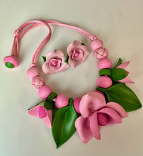 Load image into Gallery viewer, Vintage Libby Nicholson Handmade Clay Pink Roses 20" Necklace &amp; 1.25" Earrings Set

