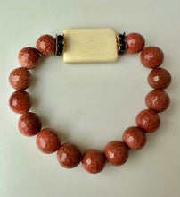 Load image into Gallery viewer, Gold Sunstone Faceted Bead Mah Jong Tile Rhinesone Beaded Stretch Bracelet
