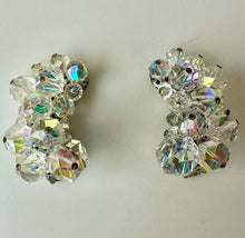Load image into Gallery viewer, Vintage Laguna Aurora Borealis Clear Crystal Crescent Clip Earrings (1.5")
