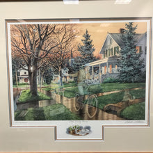 Load image into Gallery viewer, Charles Peterson Signed &amp; Framed Print, "The Daily News", Figures From the Past, Newspaper Delivery Boy On Bike (31.5x35)
