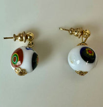Load image into Gallery viewer, Opaque White Glass w/ Multicolor Millefiori Murano Glass Drop Earrings (0.75")
