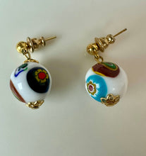 Load image into Gallery viewer, Opaque White Glass w/ Multicolor Millefiori Murano Glass Drop Earrings (0.75")
