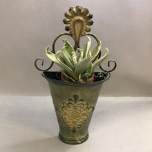 Load image into Gallery viewer, Brass Ornate Wall Pocket Planter W/ Faux Foliage (15")
