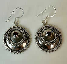 Load image into Gallery viewer, Sterling Garnet Bali Disk Earrings (1.75")
