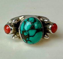Load image into Gallery viewer, Sterling Turquoise Red Coral Ring sz 5
