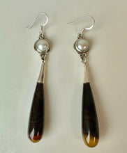 Load image into Gallery viewer, Sterling Freshwater Pearl Botswana Agate Drop Earrings (3.5")
