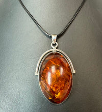 Load image into Gallery viewer, Sterling 2.5" Baltic Amber Statement Pendant on 20" Black Cord Necklace
