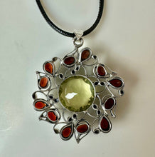 Load image into Gallery viewer, Sterling Citrine Garnet Ornate Scroll Setting 2.25" Pendant on 20" Black Cord Necklace
