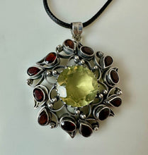 Load image into Gallery viewer, Sterling Citrine Garnet Ornate Scroll Setting 2.25" Pendant on 20" Black Cord Necklace
