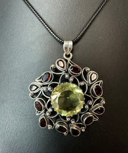 Load image into Gallery viewer, Sterling Citrine Garnet Ornate Scroll Setting 2.25" Pendant on 20" Black Cord Necklace
