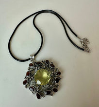 Load image into Gallery viewer, Sterling Citrine Garnet Ornate Scroll Setting 2.25" Pendant on 20" Black Cord Necklace

