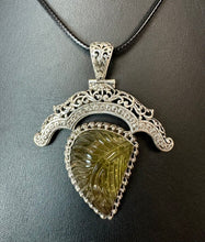 Load image into Gallery viewer, Sterling Carved Honey Topaz Ornate Setting 2.75" Pendant on 20" Black Cord Necklace
