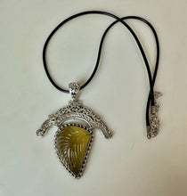 Load image into Gallery viewer, Sterling Carved Honey Topaz Ornate Setting 2.75" Pendant on 20" Black Cord Necklace
