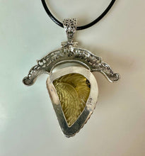 Load image into Gallery viewer, Sterling Carved Honey Topaz Ornate Setting 2.75" Pendant on 20" Black Cord Necklace
