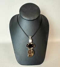 Load image into Gallery viewer, Sterling Smoky Quartz Ammonite Freshwater Pearl 2.75" Drop Pendant on 20" Black Cord Necklace
