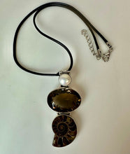 Load image into Gallery viewer, Sterling Smoky Quartz Ammonite Freshwater Pearl 2.75" Drop Pendant on 20" Black Cord Necklace
