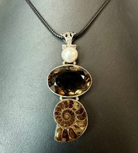 Load image into Gallery viewer, Sterling Smoky Quartz Ammonite Freshwater Pearl 2.75" Drop Pendant on 20" Black Cord Necklace
