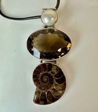 Load image into Gallery viewer, Sterling Smoky Quartz Ammonite Freshwater Pearl 2.75" Drop Pendant on 20" Black Cord Necklace
