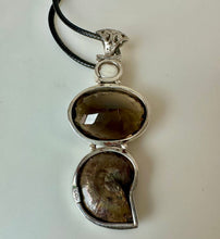 Load image into Gallery viewer, Sterling Smoky Quartz Ammonite Freshwater Pearl 2.75" Drop Pendant on 20" Black Cord Necklace
