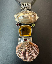 Load image into Gallery viewer, Sterling Pacific Ocean Shell Peridot Garnet Citrine 3.5" Hinged Drop Pendant on 20" Black Cord Necklace

