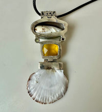 Load image into Gallery viewer, Sterling Pacific Ocean Shell Peridot Garnet Citrine 3.5" Hinged Drop Pendant on 20" Black Cord Necklace
