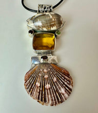Load image into Gallery viewer, Sterling Pacific Ocean Shell Peridot Garnet Citrine 3.5" Hinged Drop Pendant on 20" Black Cord Necklace
