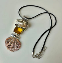 Load image into Gallery viewer, Sterling Pacific Ocean Shell Peridot Garnet Citrine 3.5" Hinged Drop Pendant on 20" Black Cord Necklace
