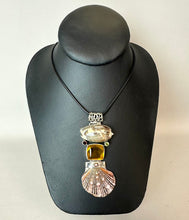 Load image into Gallery viewer, Sterling Pacific Ocean Shell Peridot Garnet Citrine 3.5" Hinged Drop Pendant on 20" Black Cord Necklace
