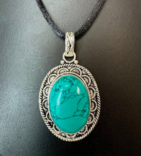 Load image into Gallery viewer, Sterling Turquoise 2.5" Pendant on Black Satin Cord Necklace
