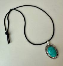 Load image into Gallery viewer, Sterling Turquoise 2.5" Pendant on Black Satin Cord Necklace
