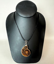 Load image into Gallery viewer, Sterling Ammonite Fossilized Shell 2" Pendant on Black Satin Cord Necklace
