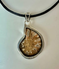 Load image into Gallery viewer, Sterling Ammonite Fossilized Shell 2" Pendant on Black Satin Cord Necklace
