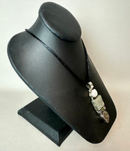 Load image into Gallery viewer, Sterling Mother of Pearl Druzy Quartz Ammonite Multi Gemstone Drop 2.75" Pendant on Black Satin Cord Necklace
