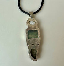 Load image into Gallery viewer, Sterling Mother of Pearl Druzy Quartz Ammonite Multi Gemstone Drop 2.75" Pendant on Black Satin Cord Necklace
