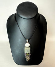 Load image into Gallery viewer, Sterling Mother of Pearl Druzy Quartz Ammonite Multi Gemstone Drop 2.75" Pendant on Black Satin Cord Necklace
