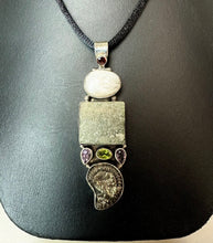 Load image into Gallery viewer, Sterling Mother of Pearl Druzy Quartz Ammonite Multi Gemstone Drop 2.75" Pendant on Black Satin Cord Necklace
