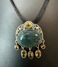 Load image into Gallery viewer, Sterling Moss Agate w/ Citrine Dangles 2" Pendant on Black Satin Cord Necklace
